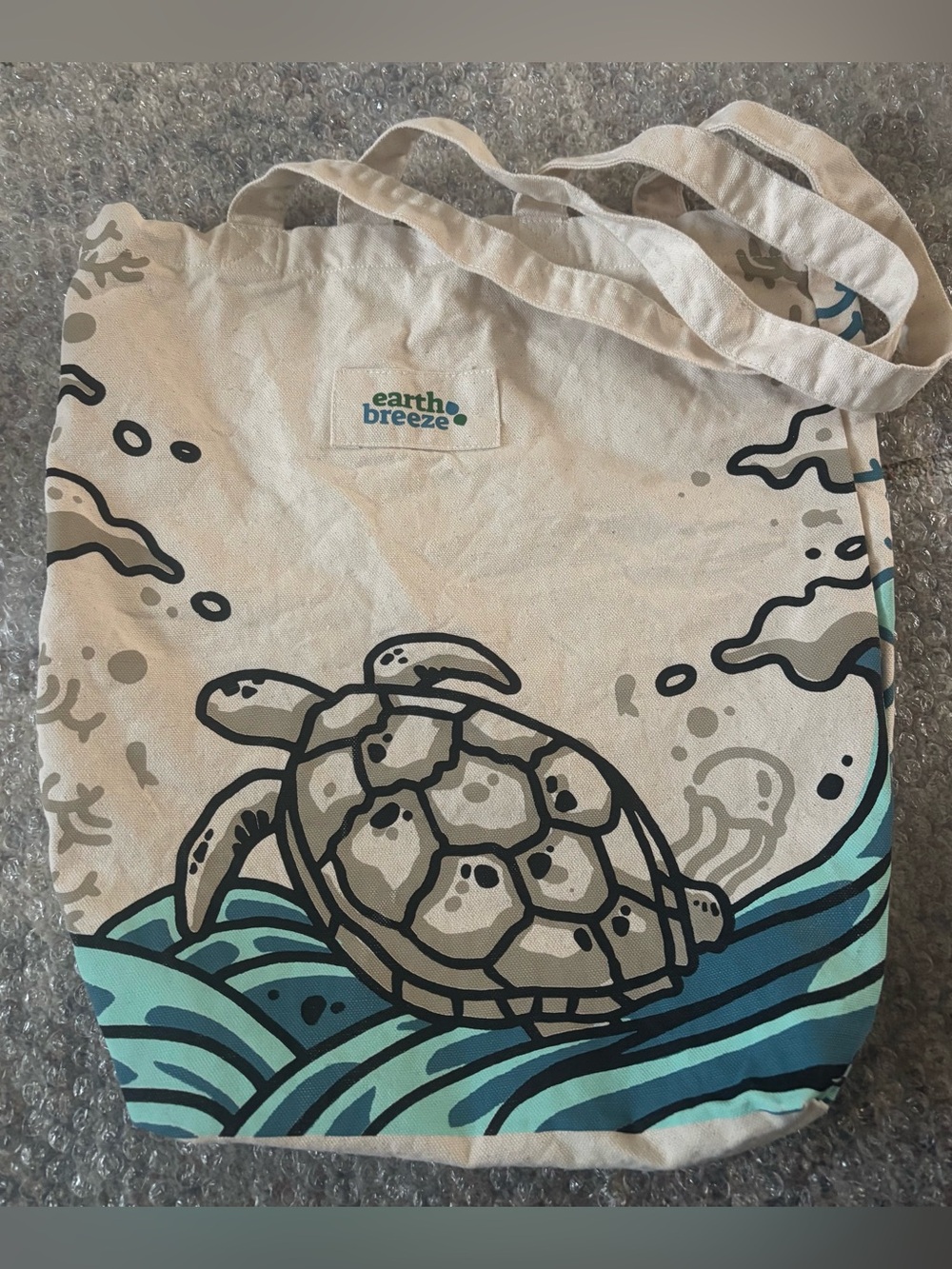 Earth Breeze Turtle Canvas Tote Bag in Natural save the seas